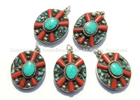 Tibetan Flower Pendant with Turquoise & Coral Inlays - Tibetan Pendant - Boho Ethnic Tribal Tibetan Jewelry - WM6071