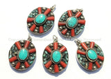 Tibetan Flower Pendant with Turquoise & Coral Inlays - Tibetan Pendant - Boho Ethnic Tribal Tibetan Jewelry - WM6071