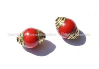 2 BEADS - Tibetan Red Jade Beads with Brass Caps - Handmade Tibetan Beads, Pendants, Jewelry - TibetanBeadStore - B1411-2