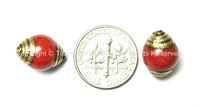 2 BEADS - Tibetan Red Jade Beads with Brass Caps - Handmade Tibetan Beads, Pendants, Jewelry - TibetanBeadStore - B1411-2