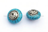 2 Beads - Tibetan Blue Crackle Resin Round Bead with Tibetan Silver Auspicious Conch Caps - Ethnic Beads - B895-Reg