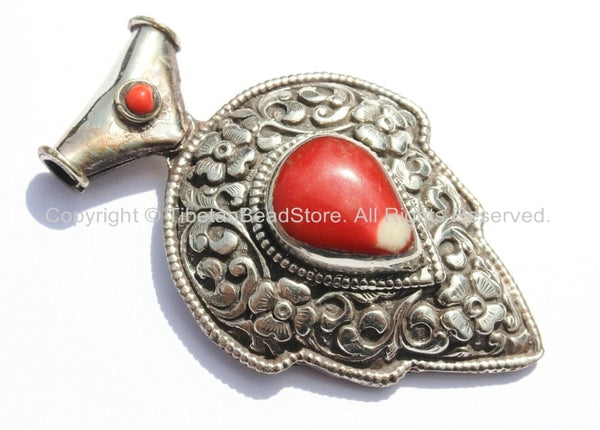 LARGE Ethnic Tibetan Leaf Style Pendant with Repousse Carved Lotus Floral Details & Red Colored Coral Inlays - WM5370