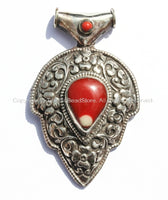 LARGE Ethnic Tibetan Leaf Style Pendant with Repousse Carved Lotus Floral Details & Red Colored Coral Inlays - WM5370