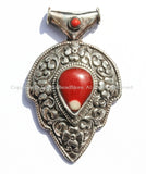 LARGE Ethnic Tibetan Leaf Style Pendant with Repousse Carved Lotus Floral Details & Red Colored Coral Inlays - WM5370