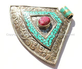 LARGE Ethnic Tibetan Tribal Style Pendant with Repousse Floral Details, Turquoise & Faceted Ruby Quartz Inlays - Tibetan Pendant Jewelry