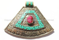 LARGE Ethnic Tibetan Tribal Style Pendant with Repousse Floral Details, Turquoise & Faceted Ruby Quartz Inlays - Tibetan Pendant Jewelry