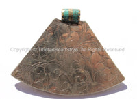 LARGE Ethnic Tibetan Tribal Style Pendant with Repousse Floral Details, Turquoise & Faceted Ruby Quartz Inlays - Tibetan Pendant Jewelry