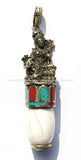 Tibetan Tara Pendant with Naga Conch Shell, Turquoise & Copal Coral Inlays - Unique Ethnic Artisan Handmade Jewelry - WM4702