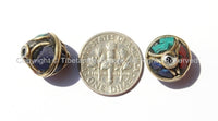 4 BEADS - Bicone Tibetan Beads with Brass, Lapis, Turquoise & Coral Inlays - Handmade Beads - Ethnic Tribal Tibetan Beads - B2579-4