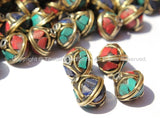 4 BEADS - Bicone Tibetan Beads with Brass, Lapis, Turquoise & Coral Inlays - Handmade Beads - Ethnic Tribal Tibetan Beads - B2579-4