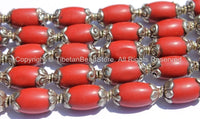 2 Beads - Tibetan Red Copal Beads with Tibetan Silver Caps - Ethnic Nepal Tibetan Beads - B2020-2