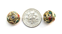 2 beads - Tibetan Floral Beads with Brass, Turquoise & Copal Coral Inlays - Ethnic Tribal Tibetan Beads - B1598B-2