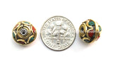 2 beads - Tibetan Floral Beads with Brass, Turquoise & Copal Coral Inlays - Ethnic Tribal Tibetan Beads - B1598B-2