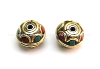 2 beads - Tibetan Floral Beads with Brass, Turquoise & Copal Coral Inlays - Ethnic Tribal Tibetan Beads - B1598B-2