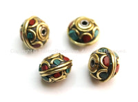 4 beads - Tibetan Floral Beads with Brass, Turquoise & Copal Coral Inlays - Tibetan Beads - Tribal Ethnic Beads - B1598B-4