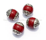 4 beads - Tibetan Red Copal Beads with Tibetan Silver Caps - Tibetan Copal Coral Beads - Ethnic Nepal Tibetan Beads - B958-4