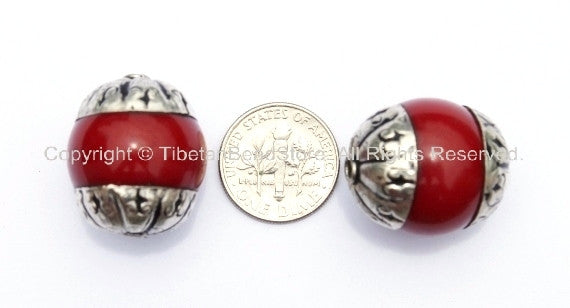 1 BEAD - LARGE Tibetan Red Coral Resin Bead with Tibetan Silver Caps - Tibetan Coral Color Beads - Ethnic Nepal Tibetan Beads - B958-1