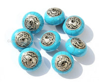 4 Beads - Tibetan Blue Crackle Resin Round Beads with Tibetan Silver Auspicious Conch Caps - Ethnic Beads - B2725-4