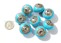 4 Beads - Tibetan Blue Crackle Resin Round Beads with Tibetan Silver Auspicious Conch Caps - Ethnic Beads - B2725-4