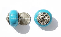 4 Beads - Tibetan Blue Crackle Resin Round Beads with Tibetan Silver Auspicious Conch Caps - Ethnic Beads - B2725-4
