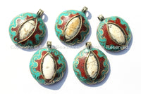 Ethnic Tibetan Reversible Naga Conch Shell Inlay Pendant with Repousse Brass Treasure Vase & Lotus, Turquoise, Copal Inlays - WM4816B