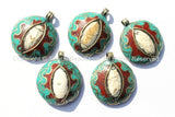 Ethnic Tibetan Reversible Naga Conch Shell Inlay Pendant with Repousse Brass Treasure Vase & Lotus, Turquoise, Copal Inlays - WM4816B
