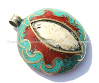 Ethnic Tibetan Reversible Naga Conch Shell Inlay Pendant with Repousse Brass Treasure Vase & Lotus, Turquoise, Copal Inlays - WM4816B