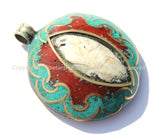 Ethnic Tibetan Reversible Naga Conch Shell Inlay Pendant with Repousse Brass Treasure Vase & Lotus, Turquoise, Copal Inlays - WM4816B