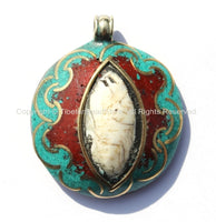 Ethnic Tibetan Reversible Naga Conch Shell Inlay Pendant with Repousse Brass Treasure Vase & Lotus, Turquoise, Copal Inlays - WM4816B