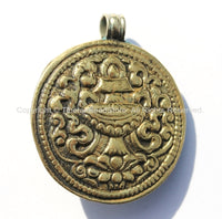 Ethnic Tibetan Reversible Naga Conch Shell Inlay Pendant with Repousse Brass Treasure Vase & Lotus, Turquoise, Copal Inlays - WM4816B