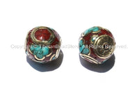 2 Beads - Nepalese Round Cube Beads with Brass, Turquoise & Copal Coral Inlays - B915