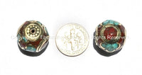 2 Beads - Nepalese Round Cube Beads with Brass, Turquoise & Copal Coral Inlays - B915