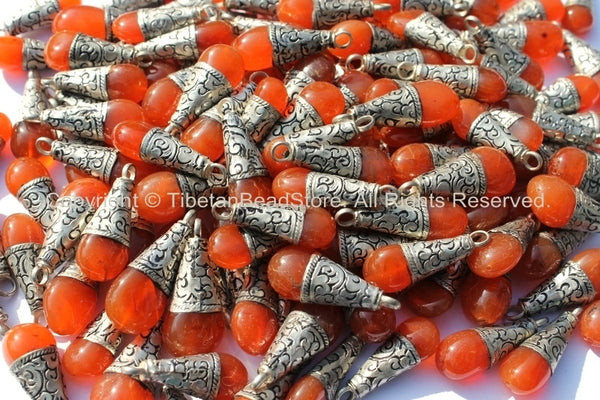 2 PENDANTS - Ethnic Tibetan Healing Carnelian Amulet PendantS with Tibetan Silver Cap - WM3172-2