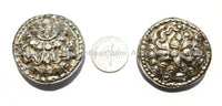 Big Tibetan Repousse Carved Tibetan Silver Auspicious Lotus Round Disc Beads with Pressed Stone Side Inlay -2 BEADS- Tibetan Beads - B2278-2
