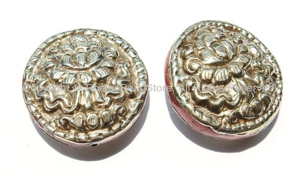 Big Tibetan Repousse Carved Tibetan Silver Auspicious Lotus Round Disc Beads with Pressed Stone Side Inlay -2 BEADS- Tibetan Beads - B2278-2