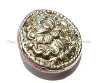 Big Tibetan Repousse Carved Tibetan Silver Auspicious Lotus Round Disc Beads with Pressed Stone Side Inlay -2 BEADS- Tibetan Beads - B2278-2