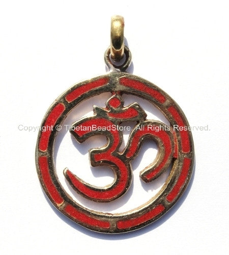 Tibetan Carved Om Brass Pendant with Coral Inlay - Om Aum Ohm Mantra Pendant - Om Coral Pendant - WM671