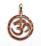 Tibetan Carved Om Brass Pendant with Coral Inlay - Om Aum Ohm Mantra Pendant - Om Coral Pendant - WM671