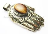 Tibetan Buddha Hand Repousse Brass Pendant with Tigers Eye Inlay & Lotus Floral Details - Brass Buddha Hand - Hamsa Hand - WM5189A