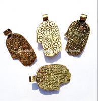 Tibetan Buddha Hand Repousse Brass Pendant with Tigers Eye Inlay & Lotus Floral Details - Brass Buddha Hand - Hamsa Hand - WM5189A
