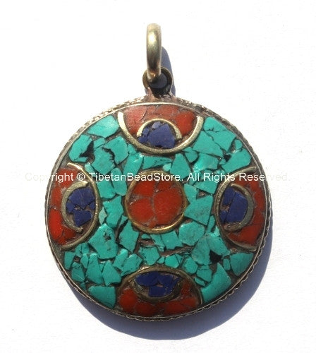 Tibetan Pendant - Round Pendant with Brass, Turquoise & Copal Coral Inlays - WM547