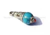 Tibetan Blue Crackle Resin Drop Amulet Charm Pendant with Tibetan Silver Caps & Coral Accent - WM1868