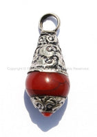 2 PENDANTS - Tibetan Red Crackle Resin Charm Pendant with Tibetan Silver Caps & Copal Accent - WM1181-2