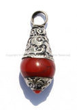 2 PENDANTS - Tibetan Red Crackle Resin Charm Pendant with Tibetan Silver Caps & Copal Accent - WM1181-2