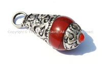 2 PENDANTS - Tibetan Red Crackle Resin Charm Pendant with Tibetan Silver Caps & Copal Accent - WM1181-2