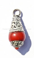 2 PENDANTS - Tibetan Red Crackle Resin Charm Pendant with Tibetan Silver Caps & Copal Accent - WM1181-2