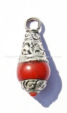 2 PENDANTS - Tibetan Red Crackle Resin Charm Pendant with Tibetan Silver Caps & Copal Accent - WM1181-2