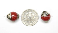 4 BEADS - Ethnic Tibetan Red Jade Beads with Tibetan Silver Caps - Ethnic Nepal Tibetan Artisan Handmade Beads - B1818-4