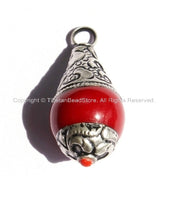 Red Copal Resin Tibetan Drop Charm Pendant with Tibetan Silver Caps - Handmade Ethnic Tibetan Pendant - WM2837-1