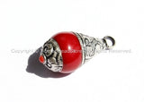 Red Copal Resin Tibetan Drop Charm Pendant with Tibetan Silver Caps - Handmade Ethnic Tibetan Pendant - WM2837-1